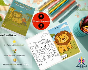 Zoo Coloring Book for Kids | Left-Handed Edition | 24 Animals with Profiles, Quiz and Certificate | Digital Download A4 & US Letter
