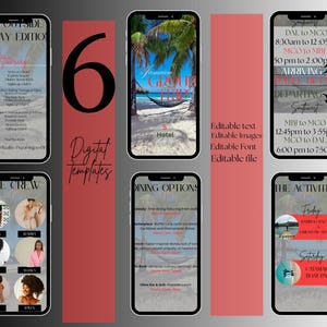 Op de afbeelding: Een digitale templateset met zes smartphone-mockups met reisthema's. De schermen tonen tekst en afbeeldingen met betrekking tot een reis, waaronder routes, eetgelegenheden en activiteiten. Het ontwerp bevat een rode verticale streep met het nummer "6" en de woorden "Digital Templates".