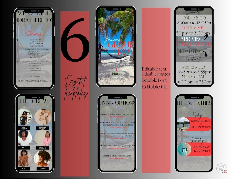 Op de afbeelding: Een digitale templateset met zes smartphone-mockups met reisthema's. De schermen tonen tekst en afbeeldingen met betrekking tot een reis, waaronder routes, eetgelegenheden en activiteiten. Het ontwerp bevat een rode verticale streep met het nummer "6" en de woorden "Digital Templates".