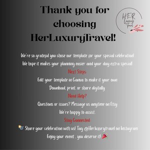 Op de afbeelding: Een digitale afbeelding met de tekst "Thank you for choosing HerLuxuryTravel!" in het zwart. Extra tekst bevat "Next Steps", "Need Help?" en "Stay Connected". Een logo met een roze vliegtuig staat rechtsboven.