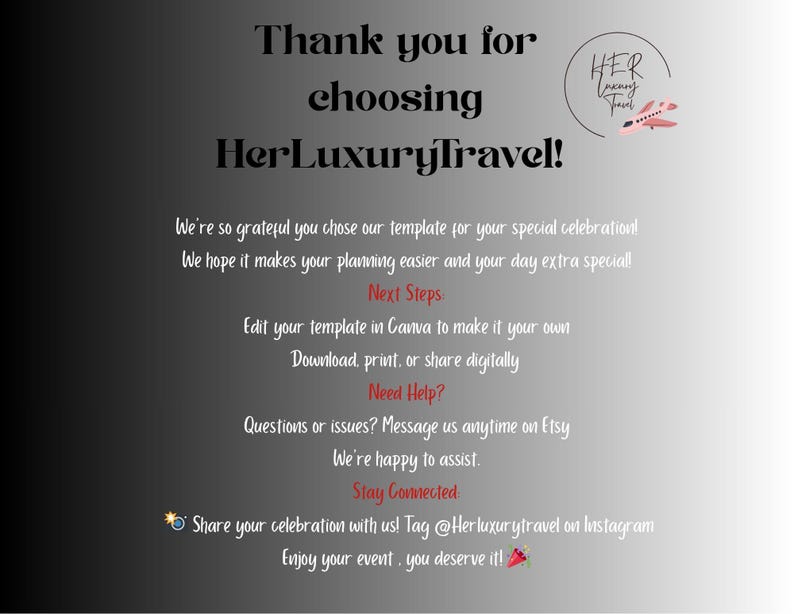 Op de afbeelding: Een digitale afbeelding met de tekst "Thank you for choosing HerLuxuryTravel!" in het zwart. Extra tekst bevat "Next Steps", "Need Help?" en "Stay Connected". Een logo met een roze vliegtuig staat rechtsboven.