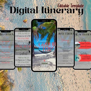 Op de afbeelding: Een digitaal reisschema weergegeven op vijf smartphones. De schermen tonen reisdetails voor een groepsreis naar Jamaica, inclusief eetgelegenheden, vluchttijden en activiteiten.