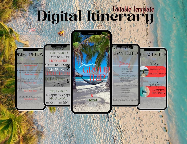 Op de afbeelding: Een digitaal reisschema weergegeven op vijf smartphones. De schermen tonen reisdetails voor een groepsreis naar Jamaica, inclusief eetgelegenheden, vluchttijden en activiteiten.