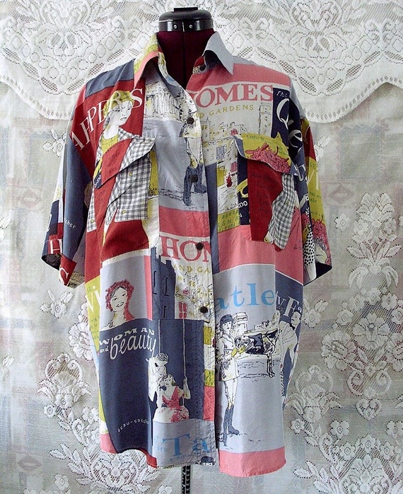 Vintage novelty print silk shirt Free Shipping