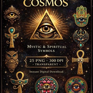 May include: Digital artwork showcasing gold-coloured mystic and spiritual symbols, such as an eye within a triangle, an owl, and an ankh. The text "SACRED EYES OF THE COSMOS" is at the top. The image also includes the text "MYSTIC & SPIRITUAL SYMBOLS".