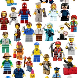 May include: A collection of colorful Lego minifigures depicting various professions and characters. The figures include a firefighter, a doctor, a police officer, a chef, a sailor, and superheroes like Spider-Man and Iron Man.