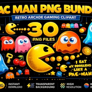Paquete de imágenes PNG de Pac-Man, imágenes prediseñadas de videojuegos arcade retro (30 archivos)