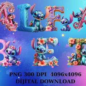Op de afbeelding: Digitale download met de letters A, I, F, B, E en T, elk versierd met bloemstukken en het personage Stitch. De letters zijn in verschillende kleuren, met een blauwe en paarse gradiënt achtergrond. De tekst "PNG 300 DPI 4096x4096 DIGITAL DOWNLOAD" staat onderaan.