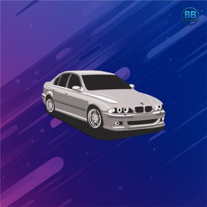 May include: A silver sedan car illustration with a black roof and wheels. The car is set against a gradient blue and purple background with diagonal streaks. The car's design is detailed, with visible headlights and a front grill. The BB Studio logo is in the top right corner.