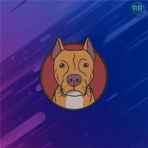 May include: Embroidered patch showing a brown and tan pit bull dog's face, framed by a red circle. The dog has a white chest patch and a pink nose. The background is a blue and purple gradient with white streaks.