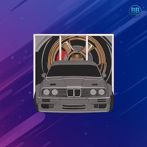 BmW E30 Embroidery Design | Classic E30 Patch with Wheel Stand PES DST JEF | German Car Machine Embroidery File for Hoodies & Jackets