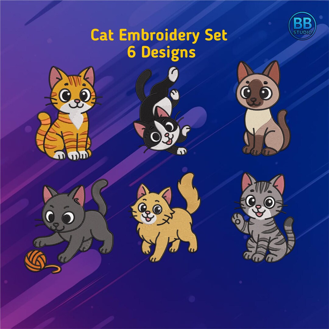Cute Cat Embroidery Design Set – 6 Kawaii Kitty Patterns | Chibi Cat ...