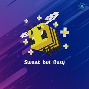 May include: Embroidered design of a yellow and black pixelated bee with white wings and accents. The text "Sweet but Busy" is below the bee, set against a gradient blue and purple background.