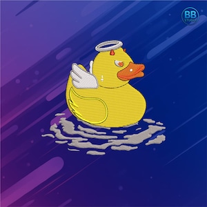 Wzór haftu „Anioł Diabeł Kaczka” – zabawny plik do haftu maszynowego z gumową kaczką PES DST JEF – urocza naszywka do natychmiastowego pobrania