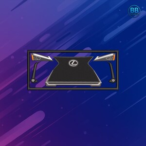 May include: An embroidered design featuring a car mat with the Lexus logo in the center. The mat is black with a silver border. The design includes headlights and side mirrors, all within a rectangular frame. The background is a gradient of blue and purple.