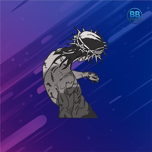 May include: A black and white illustration of a figure wearing a crown of thorns, set against a blue and purple background. The figure is stylized with detailed linework, and the image has a modern, artistic feel. The logo "BB Studio" is in the upper right corner.