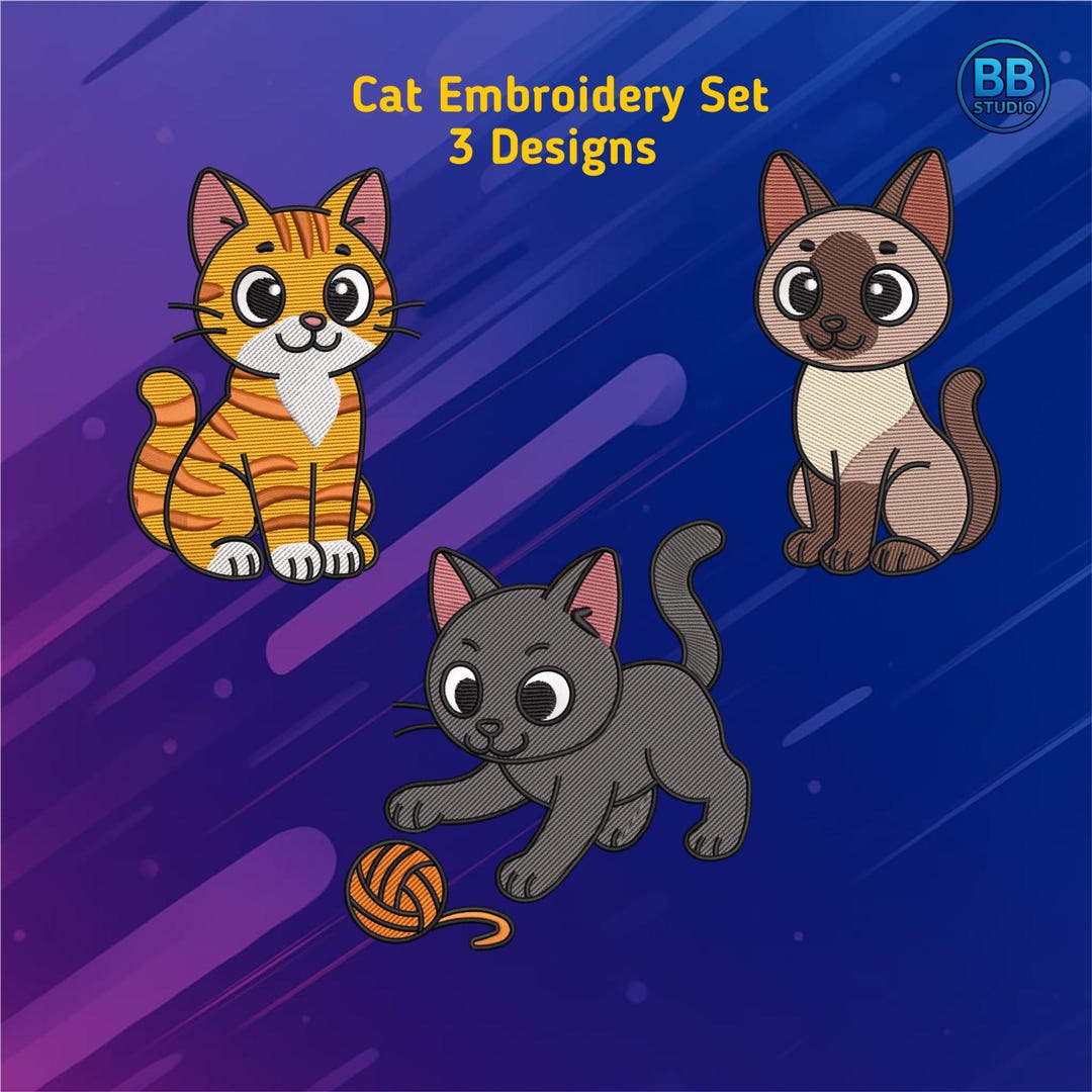 Cute Cat Embroidery Design Set – 3 Kawaii Kitty Patterns | Chibi Cat ...