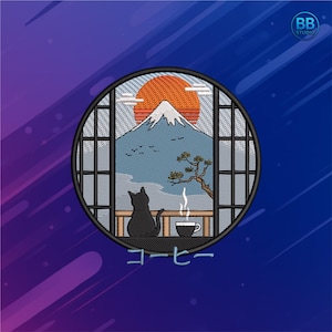 Cat Embroidery Design – Japanese Fuji Mountain Sunset Machine Embroidery File PES DST JEF – Coffee Cat Patch Digital Download