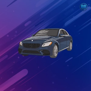 May include: Embroidered image of a dark blue car with silver wheels and a black grill. The car has a sleek design and is set against a blue and purple background. The image includes the text "BB STUDIO" in a circle.