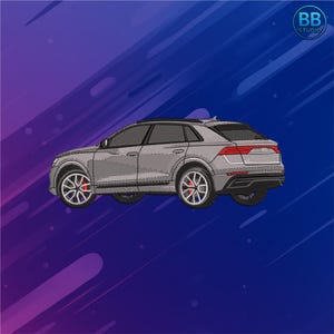 May include: Embroidered design of a gray SUV with red brake calipers on a blue and purple background. The car has detailed stitching, a black roof, and a rear spoiler. The wheels have a unique spoke design. The logo "BB STUDIO" is in the upper right corner.
