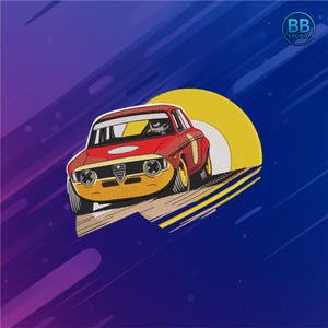 May include: Embroidered patch featuring a vintage red and yellow race car speeding across a track. The car has a driver and the number 1 on the side. A yellow sun-like shape is in the background, with the "BB Studio" logo in the upper right corner.