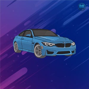 May include: Embroidered image of a blue BMW M4 coupe with a black roof and silver wheels. The car is set against a gradient blue and purple background with diagonal streaks. The BB Studio logo is in the upper right corner.