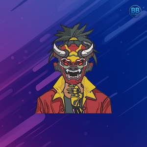 Cyber Oni-maskbroderidesign PES DST JEF | Japansk demon Cyberpunk maskinbroderifil | Samuraimask-lapp för jacka och huvtröja