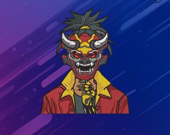 Oni Mask Embroidery Design PES DST JEF | Japanese Demon Machine Embroidery File | Samurai Mask Patch for Jacket and Hoodie