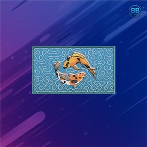 May include: Embroidered patch featuring two koi fish in shades of orange, black, and white, set against a light blue background with a wavy pattern. The patch has a teal border and the BB Studio logo is in the upper right corner.