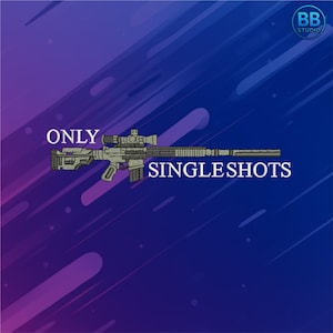 Puede incluir: Ilustración de un rifle con mira telescópica, en tonos grises y beige, sobre un fondo degradado azul y morado. El texto blanco dice "ONLY SINGLESHOTS". El logotipo de BB Studio está en la esquina superior derecha.