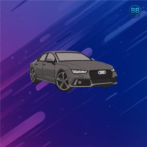 May include: Embroidered illustration of a gray Audi A7 sedan. The car features detailed stitching, a black grille with the Audi logo, and stylized wheels. Set against a gradient blue and purple background with diagonal streaks, the image has a studio logo in the upper right corner.