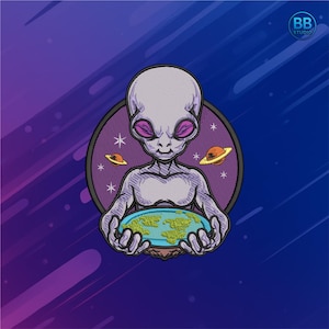 Alien Holding Earth Embroidery Design – Cosmic Space UfO Machine Embroidery File PES DST JEF – Galaxy Planet Patch Instant Download