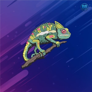 May include: A detailed illustration of a chameleon perched on a branch. The chameleon features a vibrant color palette of green, yellow, pink, and blue. The background is a gradient of blue and purple with white streaks, and the BB Studio logo is in the upper right corner.