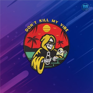 Diseño de bordado de la Parca al atardecer / Esqueleto divertido, ambiente playero (PES DST JEF)