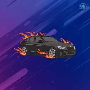 Broderie automobile noire avec flammes PES DST JEF | Patch de voiture en feu | Fichier de couture Street Racing Machine pour vestes, sweats à capuche