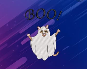 Diseño de bordado de gato fantasma para Halloween – Gatito espeluznante (PES DST JEF) (Descarga instantánea)