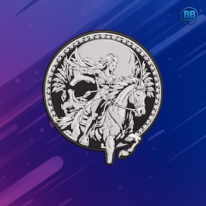 May include: Circular embroidered patch depicting a woman on horseback against a skull. The design uses white and black thread for detail. The patch is labelled "BB STUDIO". The overall theme is fantasy or historical.