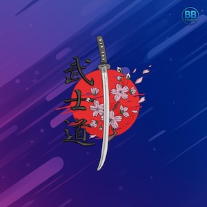 Katana Samurai Embroidery Design PES DST JEF | Japanese Sword with Sakura Patch | Bushido Machine Stitch File for Jackets, Bags and Decor