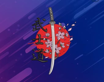 Diseño de bordado Katana Samurai PES DST JEF / Espada japonesa con parche de Sakura / Archivo de bordado a máquina Bushido para chaquetas, bolsos y decoración
