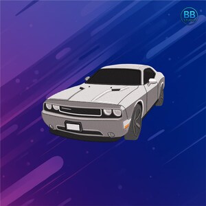 May include: A gray Dodge Challenger car illustration against a blue and purple background. The car has a detailed embroidered design, with visible headlights, a grille, and a license plate area. The BB Studio logo is in the top right corner.