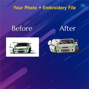 May include: An image demonstrating a car design conversion for embroidery. Text states "Your Photo -> Embroidery File." The "Before" section features a white car with green details. The "After" section shows the car design with an embroidered effect, set against a blue gradient backdrop.