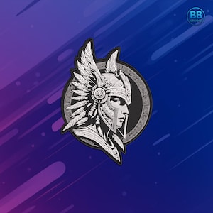May include: Embroidered patch depicting a warrior's profile wearing a feathered helmet. The design uses shades of grey and white, set against a black circular background with a decorative border. The background is a blue and purple gradient.