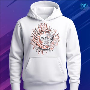 Mystic Sun and Moon Embroidery Design | Celestial Face Line Art Pattern | Boho Spiritual Machine Embroidery for Apparel, Decor, Patches