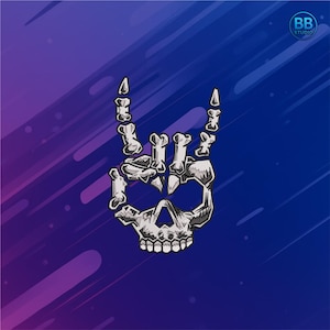 Rock Skull Hand Embroidery Design | Gothic Skeleton Horns Patch | Biker Metal Hand Skull Machine Embroidery File PES DST JEF – Dark Style