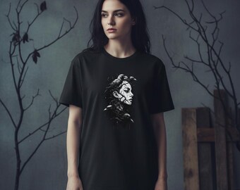 Dark Art Raven T-Shirt • Gothic Woman's Head Shirt • Witchy Aesthetic Tee • Raven & Thorns T-Shirt • Mystical Dark Fantasy Shirt