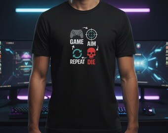 Game Aim Die Repeat T-Shirt • Gaming Shirt for Gamers • Gamer Loop Design with Icons • Minimalist Gaming Tee • Gift for Gamers