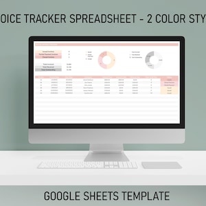 May include: A computer monitor shows an invoice tracker spreadsheet with two colour styles. The spreadsheet includes charts and tables with financial data. The text "INVOICE TRACKER SPREADSHEET - 2 COLOR STYLES" and "GOOGLE SHEETS TEMPLATE" are visible.
