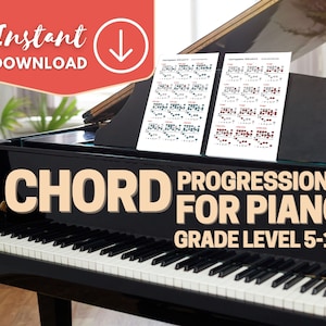 Progressões de acordes para estudantes de piano, cadências RCM, acordes musicais imprimíveis para alunos visuais, progressões em todas as tonalidades para pianistas