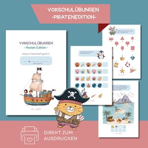 Könnte beinhalten: Ein Satz von Arbeitsblättern für Kinder mit Piraten-Thema. Das Cover zeigt eine Illustration eines Piratenschiffs und den Text "Vorschulübungen - Piraten Edition". Weitere Seiten enthalten Formen, Zählen und eine Schatzkarte.