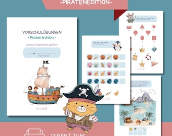 May include: A set of children's educational worksheets with a pirate theme. The cover features a pirate ship illustration and the text "Vorschulübungen - Piraten Edition". Additional pages include shape matching, counting, and a treasure map.